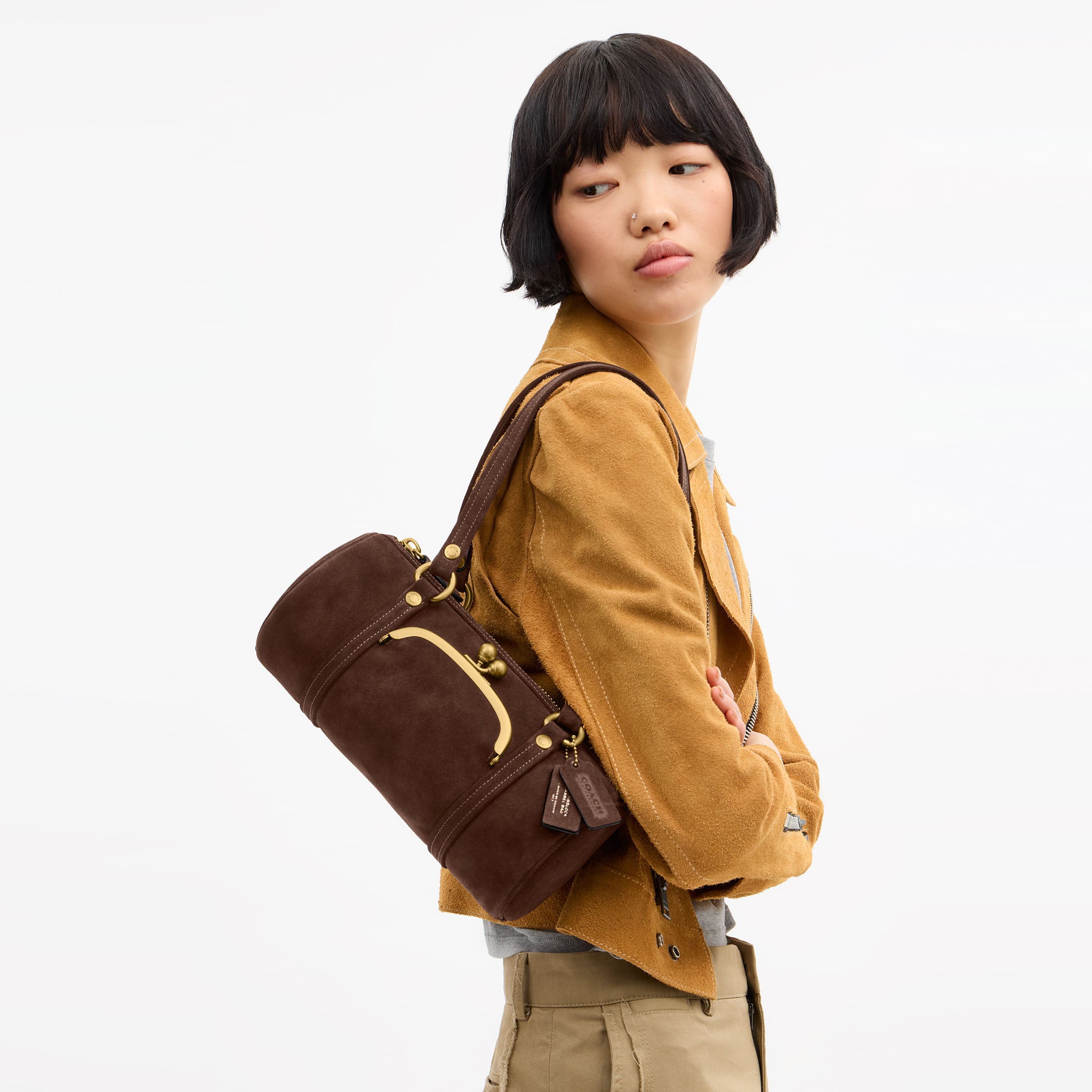 Bolsa Shoulder Bag Coach Kisslock Barrel 28 Suede