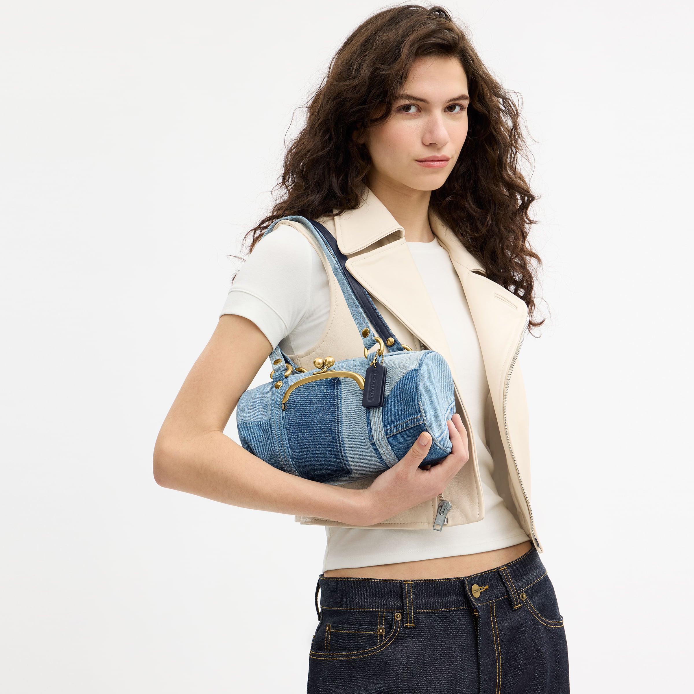Bolsa Shoulder Bag Coach Kisslock Barrel 28 Denim